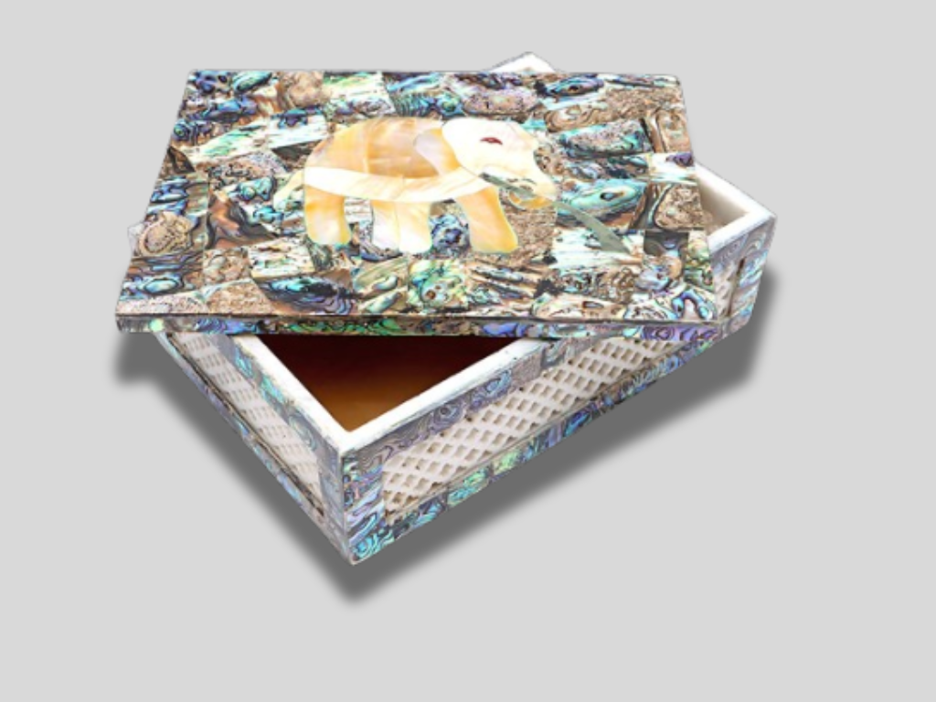 Royal Indian Marble Vintage Jewelry Box Filigree Mosaic Stone Elephant Art